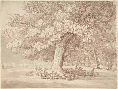 Een kudde herten onder een eik door Thomas Rowlandson