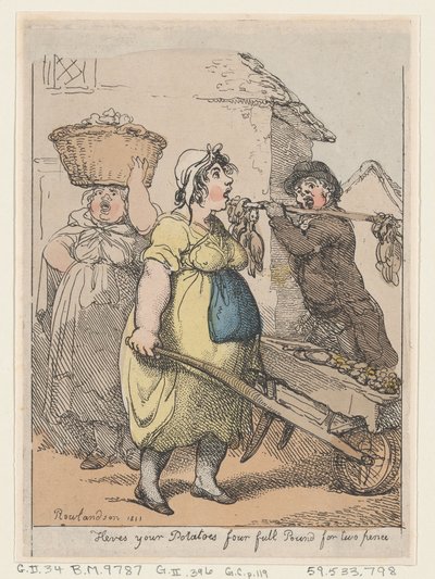 Hier zijn je aardappelen, vier volle ponden voor twee pence, 1811 door Thomas Rowlandson