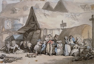 Honiton, Devon: schoenen en hoeden te koop buiten The Lion Inn door Thomas Rowlandson