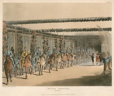 Wapenrusting van paarden in de Tower of London door Thomas Rowlandson