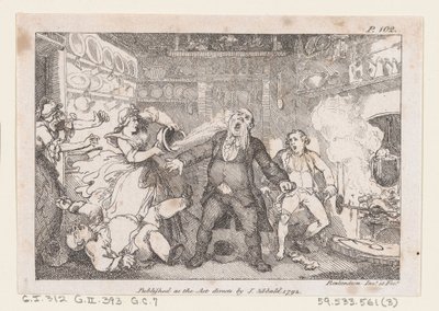 Hostess giet een pan bloed in het gezicht van dominee Andrews, uit The Adventures of..., 1792 door Thomas Rowlandson