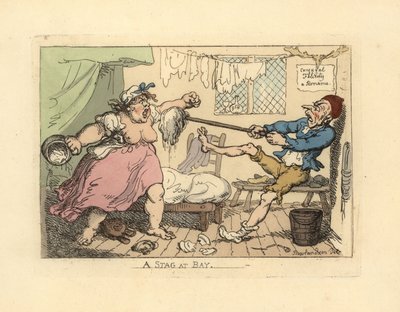 Man houdt zijn boze vrouw met een dweil tegen door Thomas Rowlandson