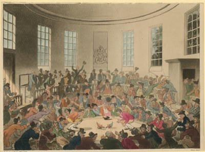 Illustratie van een menigte die naar een hanengevecht kijkt door Thomas Rowlandson