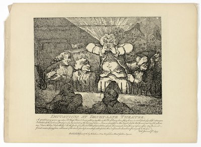 Imitaties en Drury-Lane Theatre, van Boswells Tour of the Hebrides door Thomas Rowlandson