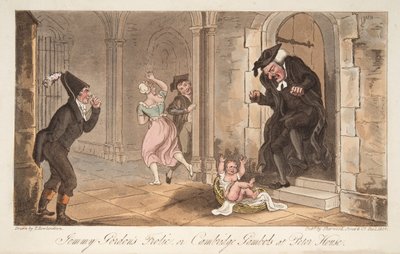 Jemmy Gordons Streek, of Cambridge Capriolen bij Peter House, uit The English Spy, gepubliceerd 1824 door Thomas Rowlandson