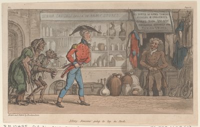 Johnny Newcome gaat voorraad inslaan, uit De militaire avonturen van Johnny Newcome, 1815 door Thomas Rowlandson