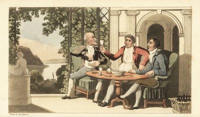 Johnny en vrienden drinken en zingen op een terras met uitzicht op de rivier de Theems. Handgekleurde kopergravure door Thomas Rowlandson uit William Combe