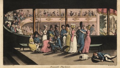 Johnny en andere adelborsten op walverlof wachten op een toneelstuk in Plymouth Playhouse door Thomas Rowlandson