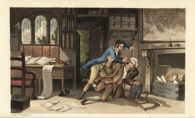 Johnny valt advocaat Gripe-all aan in zijn kantoor nadat hij is bedrogen voor 100 pond. Handgekleurde kopergravure door Thomas Rowlandson uit William Combe