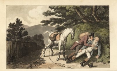 Johnny helpt een reiziger die van zijn paard is gevallen door Thomas Rowlandson