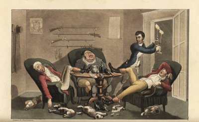 Johnny bij een sportfinale: Johnny met kandelaars laat drie dronken jagers slapen in een eetkamer met lege wijnflessen en slapende honden. Handgekleurde kopergravure door Thomas Rowlandson uit William Combe