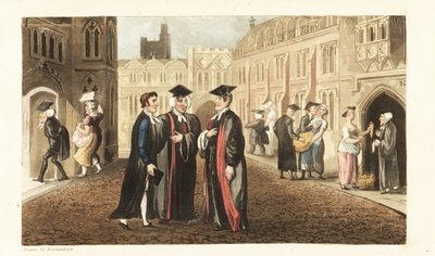 Johnny in gewaden praat met Dons aan de Universiteit van Oxford, terwijl andere geleerden en studenten maïs kopen van kruideniers en dienstmeisjes lastigvallen. Handgekleurde kopergravure door Thomas Rowlandson uit William Combe