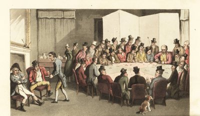 Johnny in dienst bij een herenclub, wijn serveren aan leden terwijl anderen gokken op kaartspellen aan een grote speeltafel. Handgekleurde kopergravure door Thomas Rowlandson uit William Combe