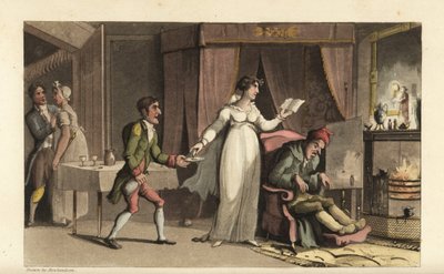 Johnny in dienst van de vrek John Squeeze en zijn voorzichtige nicht Amelia Squeeze. Johnny brengt een glas medicijn voor de stervende oude man. Handgekleurde kopergravure door Thomas Rowlandson uit William Combe