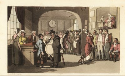 Johnny op zoek naar werk bij een registratiekantoor voor huispersoneel. Mannen en vrouwen met monocles onderzoeken portiers, dienstmeisjes en ander personeel. Handgekleurde kopergravure door Thomas Rowlandson uit William Combe