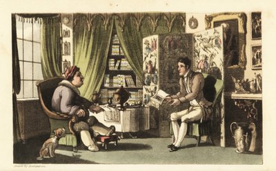 Johnny leest voor aan Sir Jeffery Gourmand in zijn studeerkamer. Handgekleurde kopergravure door Thomas Rowlandson uit William Combe