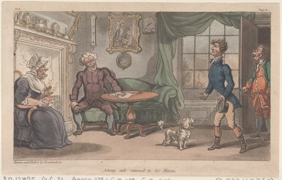 Johnny veilig terug bij zijn mama, uit The Military Adventures of Johnny Newcome, 1815 door Thomas Rowlandson