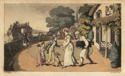 Johnny neemt afscheid van zijn moeder en zussen terwijl hij vertrekt naar de Koninklijke Marine op een postkoets. Handgekleurde kopergravure door W. Read naar een illustratie van Thomas Rowlandson uit Alfred Burton