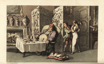 Johnny geeft het dienstmeisje Molly een glas wijn in de salon terwijl Sir Jeffery Gourmand aan de eettafel slaapt. Bijna betrapt door een andere bediende bij de deur. Handgekleurde kopergravure door Thomas Rowlandson uit William Combe