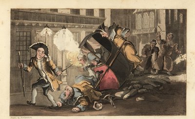 Johnny uit een draagstoel gegooid wanneer de dragers over een stapel stenen op straat botsen. Nachtwakers met lantaarns en ratels arriveren. Handgekleurde kopergravure door Thomas Rowlandson uit William Combe