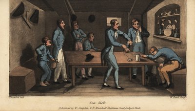 Johnny braakt in een emmer in de hut terwijl zijn schip uitvaart. Een andere officier stelt een remedie voor van zout water en een stuk zout varkensvlees aan een touwtje. Handgekleurde kopergravure door W. Read naar een illustratie van Thomas Rowlandson ui door Thomas Rowlandson