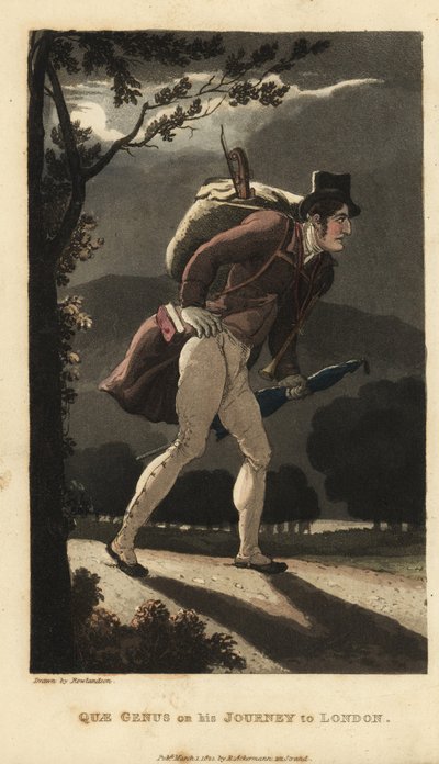 Johnny wandelend op de maanverlichte weg naar Londen. Hij heeft een rugzak met viool, een boek in zijn jaszak en draagt een paraplu. Handgekleurde kopergravure door Thomas Rowlandson uit William Combe