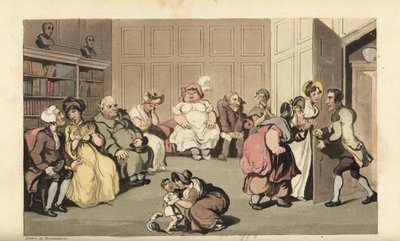 Johnny met andere patiënten in de wachtkamer van kwakzalver Anodyne. Handgekleurde kopergravure door Thomas Rowlandson uit William Combe