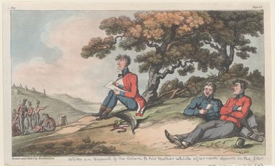 Johnny schrijft een verslag van de actie aan zijn moeder, dat later verschijnt in de Star..., 1815 door Thomas Rowlandson