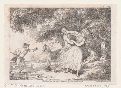 Jozef haast zich om Fanny te redden van dreigend gevaar, uit De avonturen van Joseph Andrew, 1792 door Thomas Rowlandson