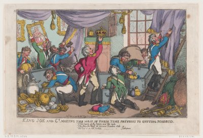 Koning Joe en Co. die het Beste uit hun Tijd Halen voor het Verlaten van Madrid, 25 september 1808 door Thomas Rowlandson