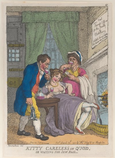 Kitty Careless in Quod of wachtend op Joodse borgtocht door Thomas Rowlandson