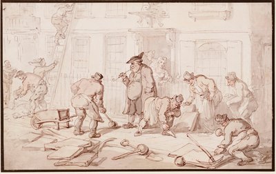 Arbeiders leggen een trottoir aan door Thomas Rowlandson