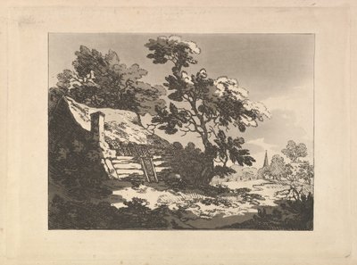 Landschap met een huisje tussen de bomen links en een kerktoren in de verte rechts door Thomas Rowlandson