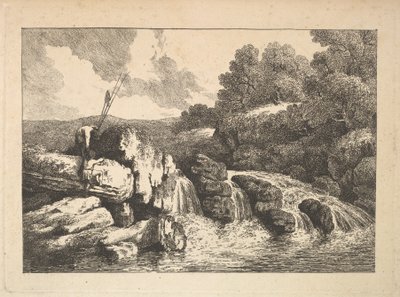 Landschap met twee vissers die rotsen beklimmen naast een waterval, 1784-88 door Thomas Rowlandson