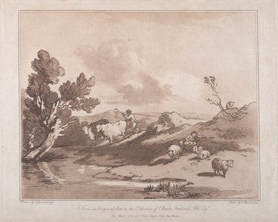 Landschap met een Figuur die Vee Hoedt en een Rustende Herder door Thomas Rowlandson