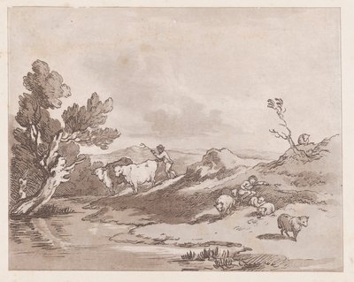 Landschap met een figuur die vee naar water drijft door Thomas Rowlandson