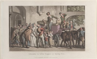 Vrijgevigheid aan zieke bedelaars bij het verlaten van Yrvi, uit Journal of Sentimental Travels door Thomas Rowlandson