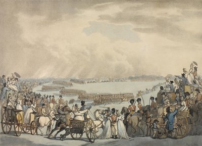 Lichte Paardvrijwilligers van Londen en Westminster, Bevelhebber Kolonel Herries, Beoordeeld door Zijne Majesteit op Wimbledon Common, 5 juli 1798 door Thomas Rowlandson