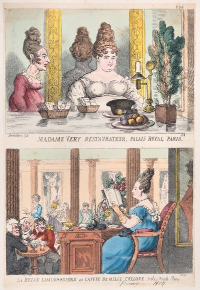 Madame Very Restauranteur, Palais Royal Parijs en La Belle Liminaudiere au Caffee De Mille... door Thomas Rowlandson