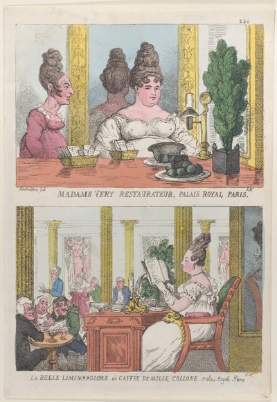 Madame Very Restauranteur, Palais Royal Parijs en La Belle Liminaudiere bij Caffee De Mille door Thomas Rowlandson
