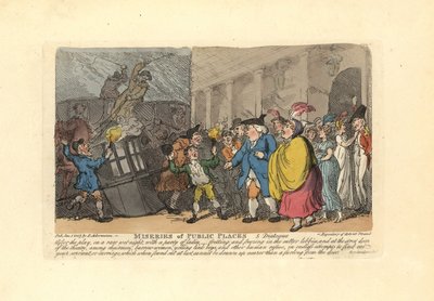 Man en dames zoeken naar een koets in een menigte in de regen door Thomas Rowlandson