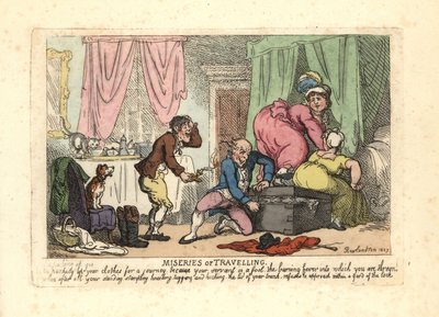 Man en twee vrouwen die een volle koffer niet kunnen sluiten door Thomas Rowlandson