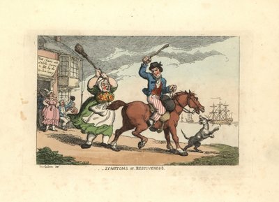Man slaat een koppig paard met een knuppel, terwijl de eigenaar Wido door Thomas Rowlandson