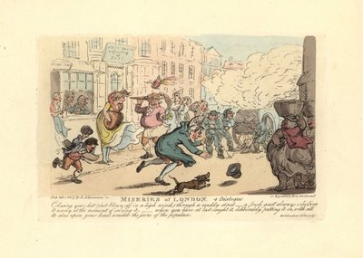 Man die zijn hoed achterna rent in een modderige straat bij harde wind door Thomas Rowlandson