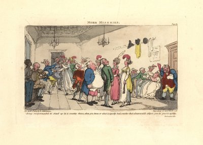 Man beschaamd omdat hij gedwongen wordt te dansen op een dorpsdans door Thomas Rowlandson