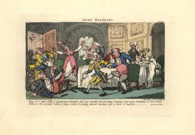 Man die van een gebroken stoel valt tijdens een diner door Thomas Rowlandson