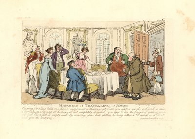 Man gedwongen om de slecht passende kleren van zijn gastheer te dragen tijdens een diner door Thomas Rowlandson