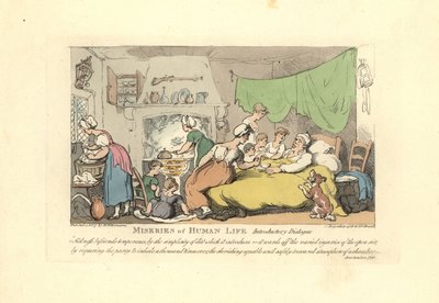 Man in zijn ziekbed omringd door zorgzame vrouw, kinderen en dienstmeid door Thomas Rowlandson