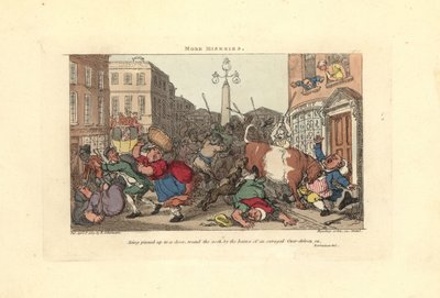 Man vastgepind aan een deur door de hoorns van een woedende os door Thomas Rowlandson