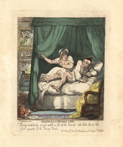 Man krijgt kramp in zijn been in het huwelijksbed door Thomas Rowlandson
